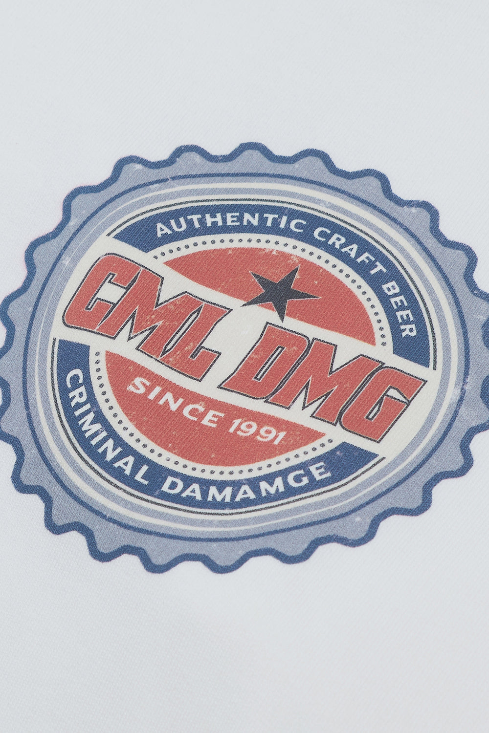 Close up of Criminal Damage logo on hoodie