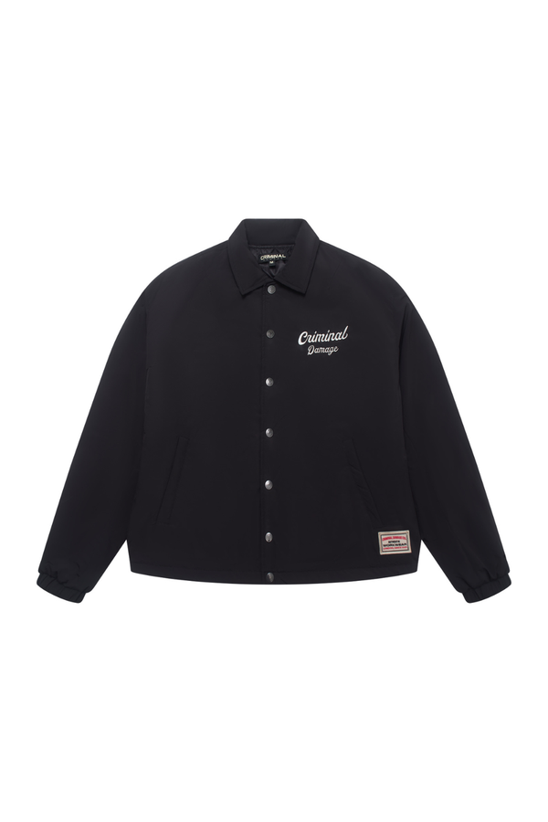 Black jacket with 'Criminal Damage' branding on a white background