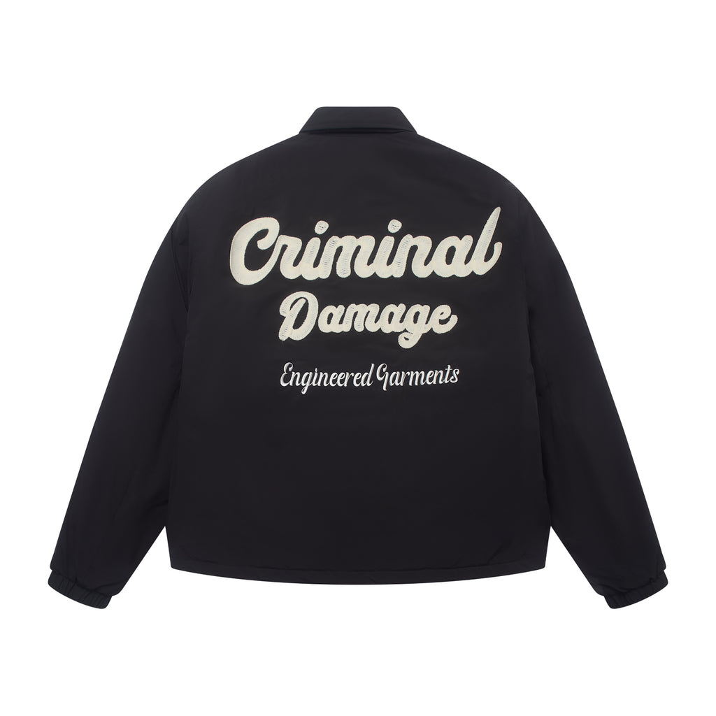 Black jacket with 'Criminal Damage' text on the back against a white background