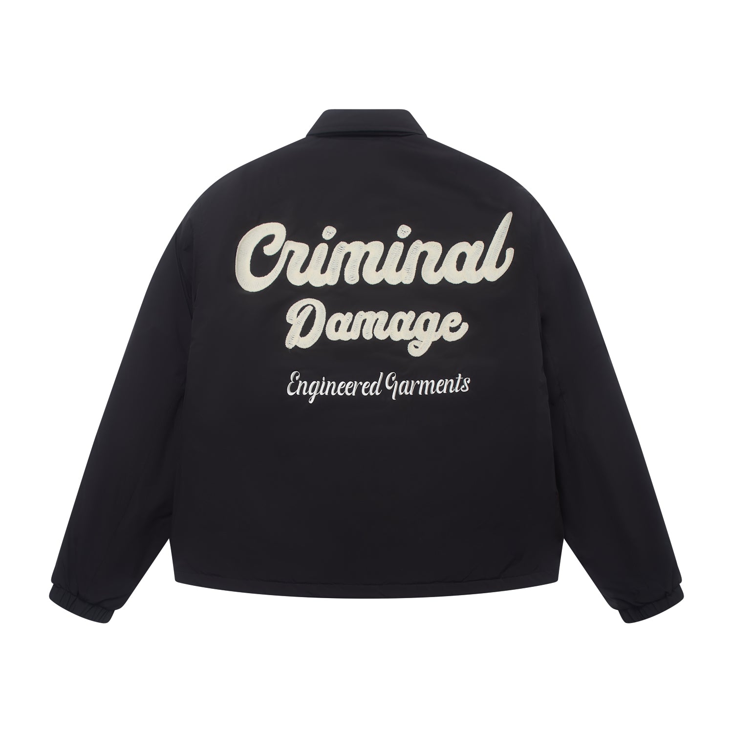 Black jacket with 'Criminal Damage' text on the back against a white background