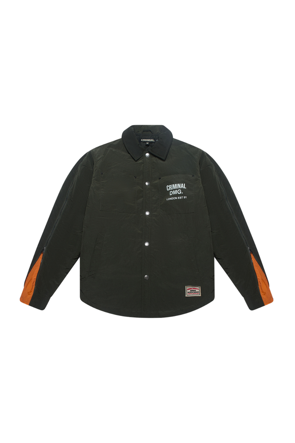 Black Criminal Damage jacket with orange accents on a white background