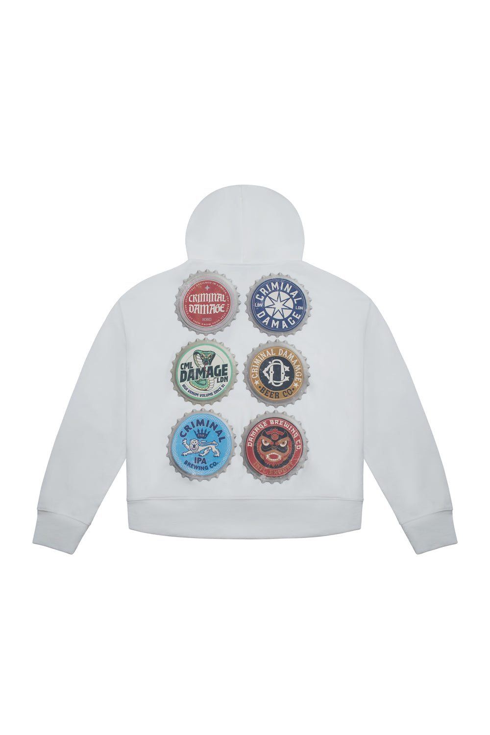 Criminal Damage hoodie with graphic on white background 