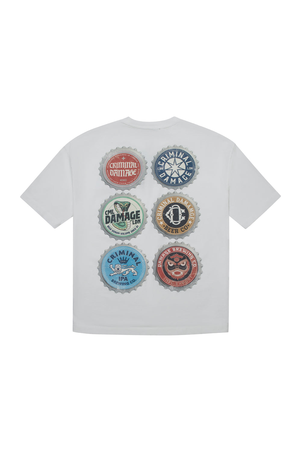Criminal Damage shirt with bottle cap graphic on white background 