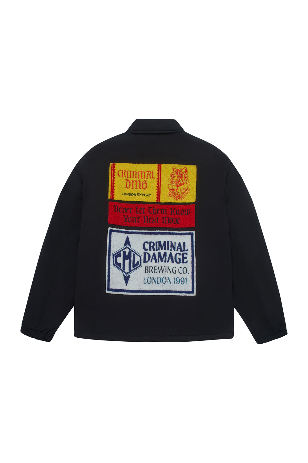 Back of Criminal Damage Jacket with large branding on white background