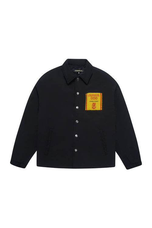 Black Criminal Damage jacket with branding on white background