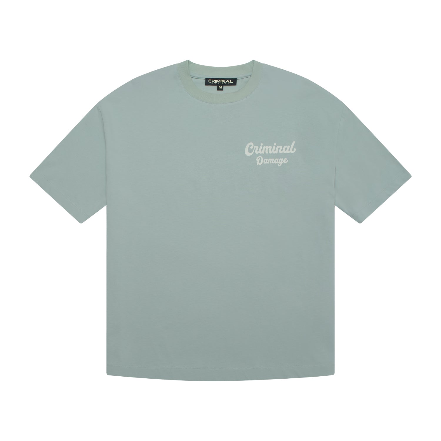 Light blue t-shirt with 'Criminal Damage' logo on a white background