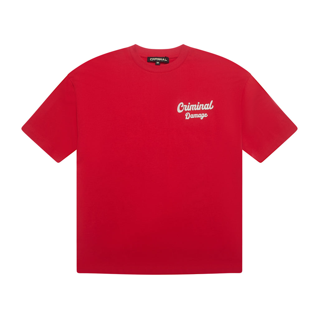 Red t-shirt with 'Criminal Damage' text on a white background