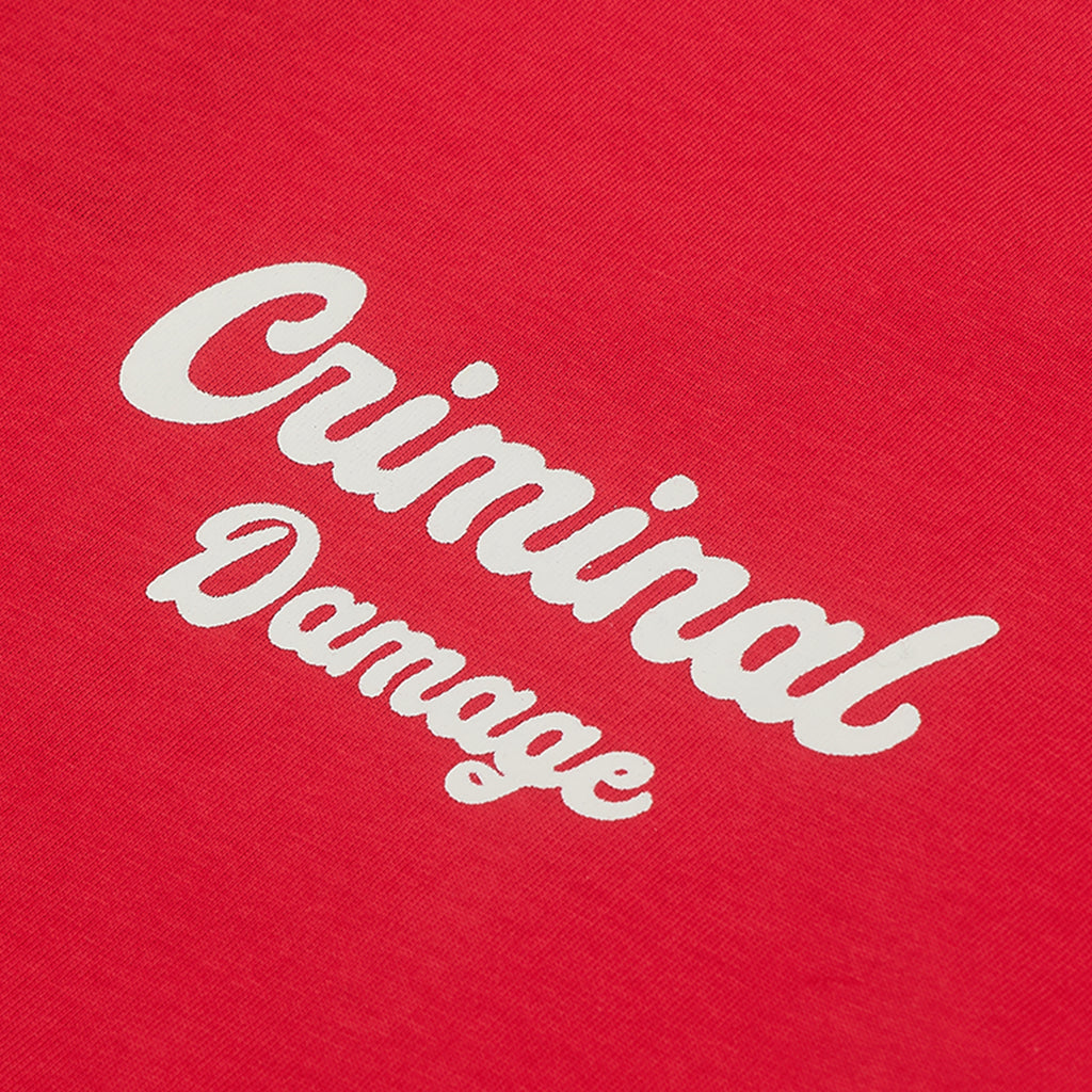 White text 'Criminal Damage' on a red background