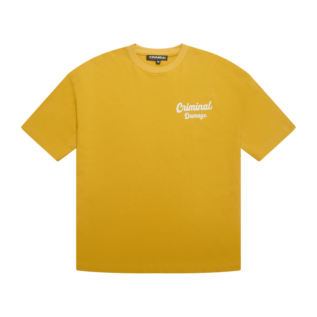Yellow t-shirt with 'Criminal Damage' logo on a white background