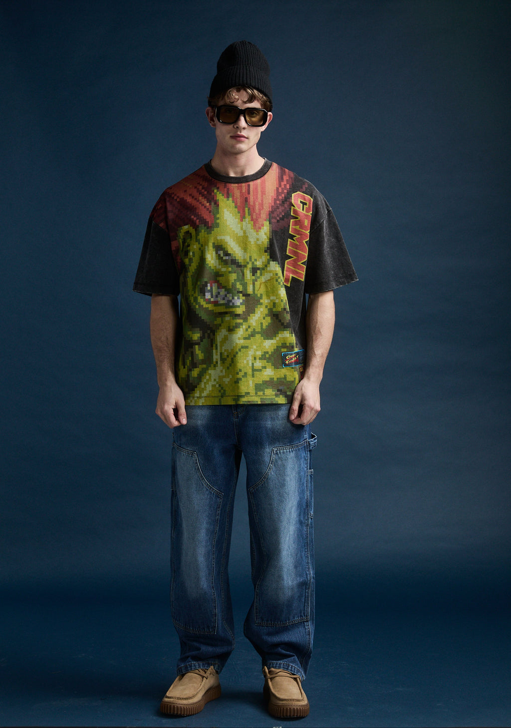 male model wearing criminal damage x street fighter t-shirt 