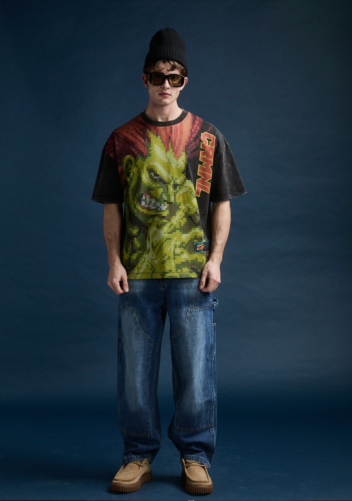 male model wearing criminal damage x street fighter t-shirt 