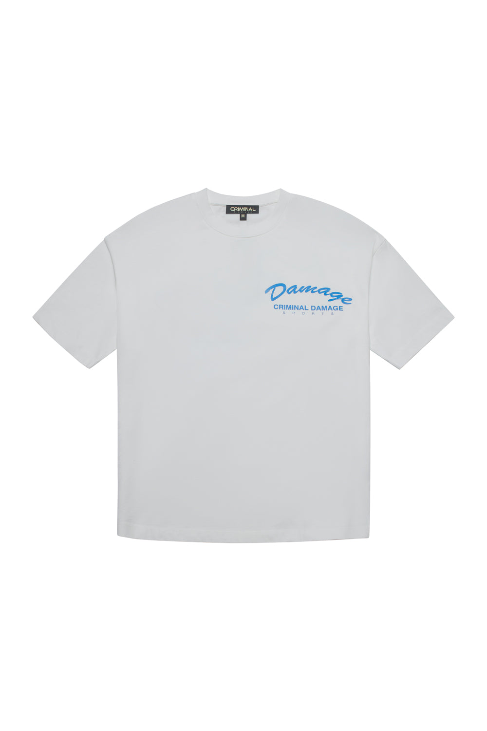 Criminal Damage t-shirt with branding on white background 