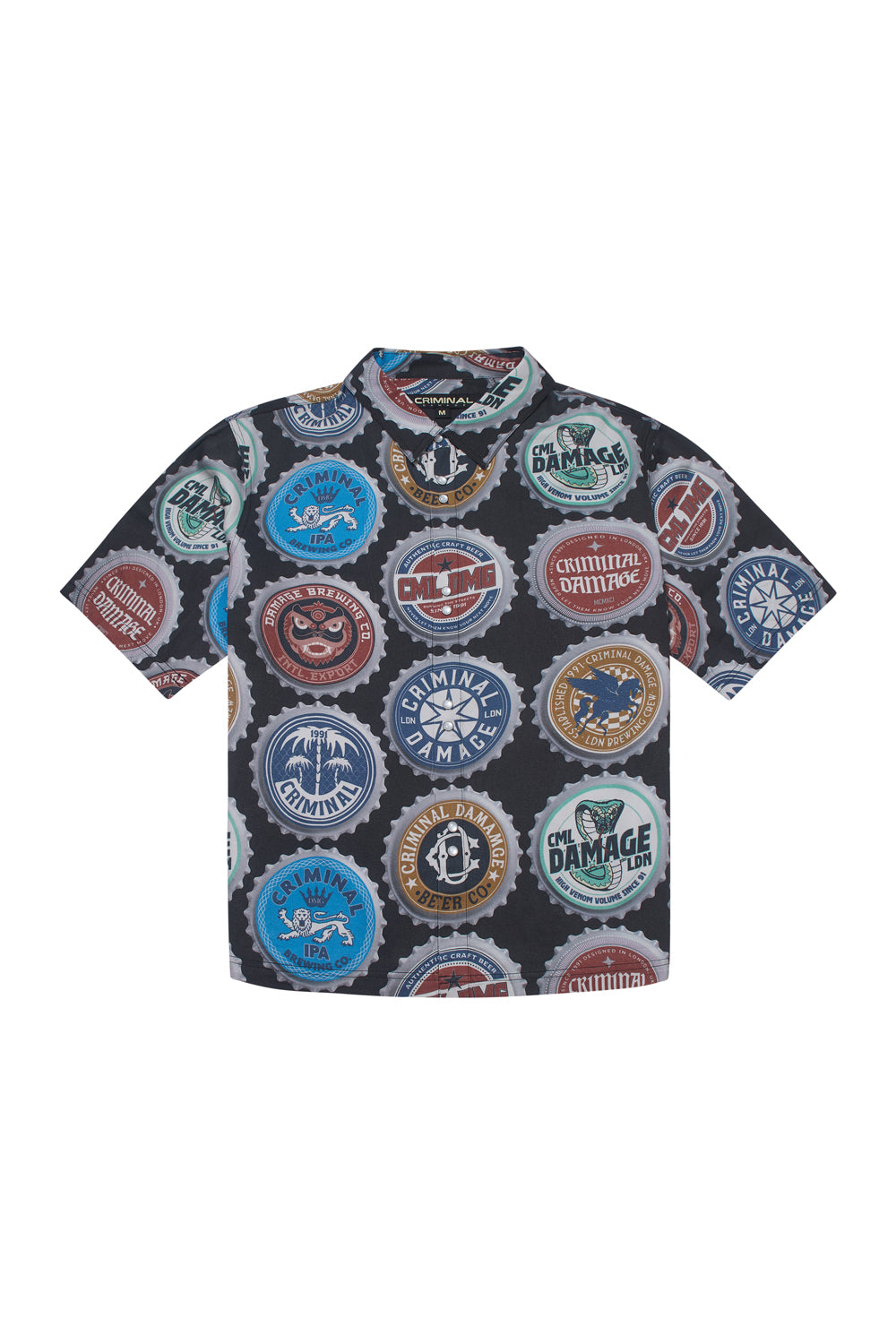 Criminal Damage shirt with bottle cap design on white background