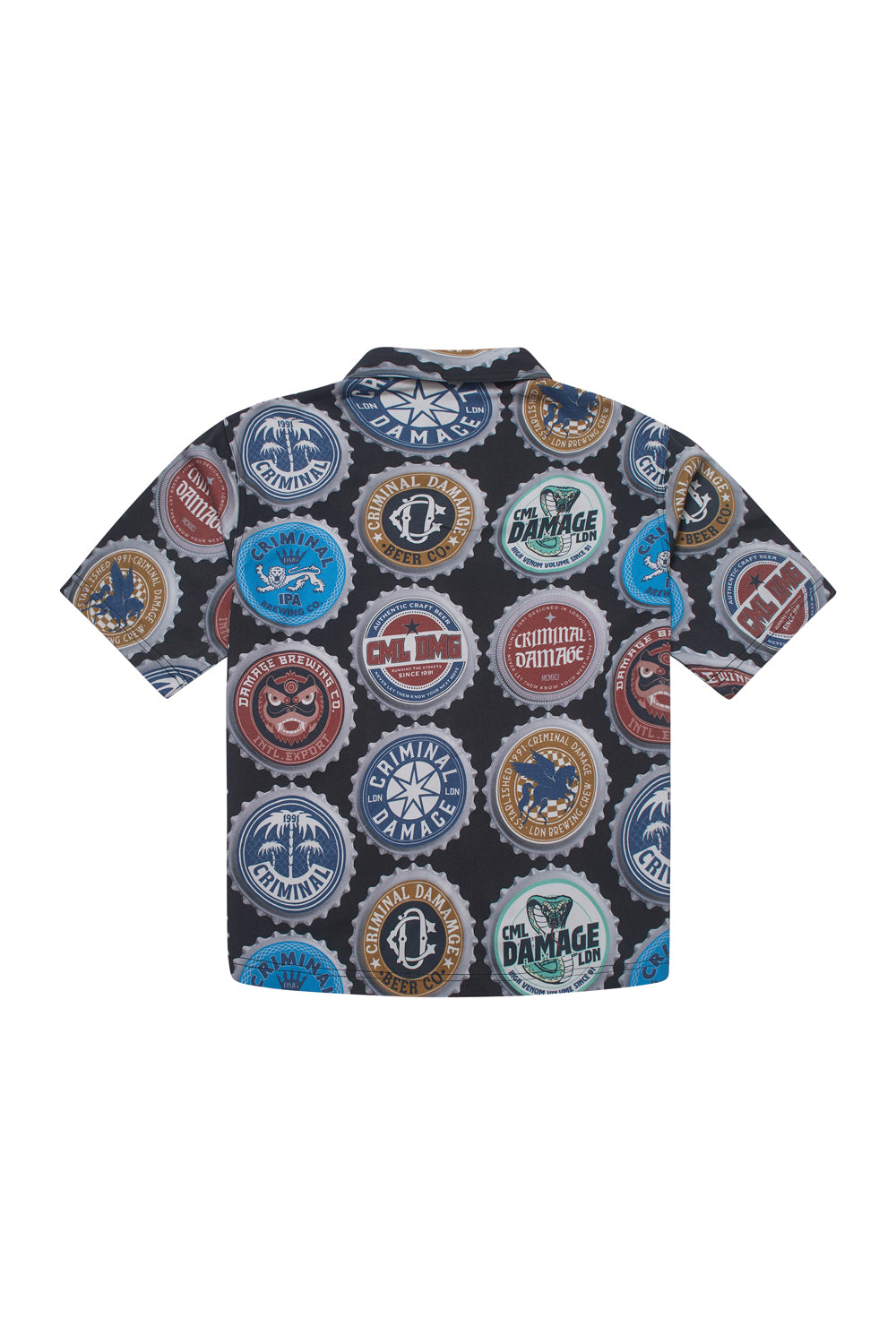 Criminal Damage shirt with bottle cap graphic on white background