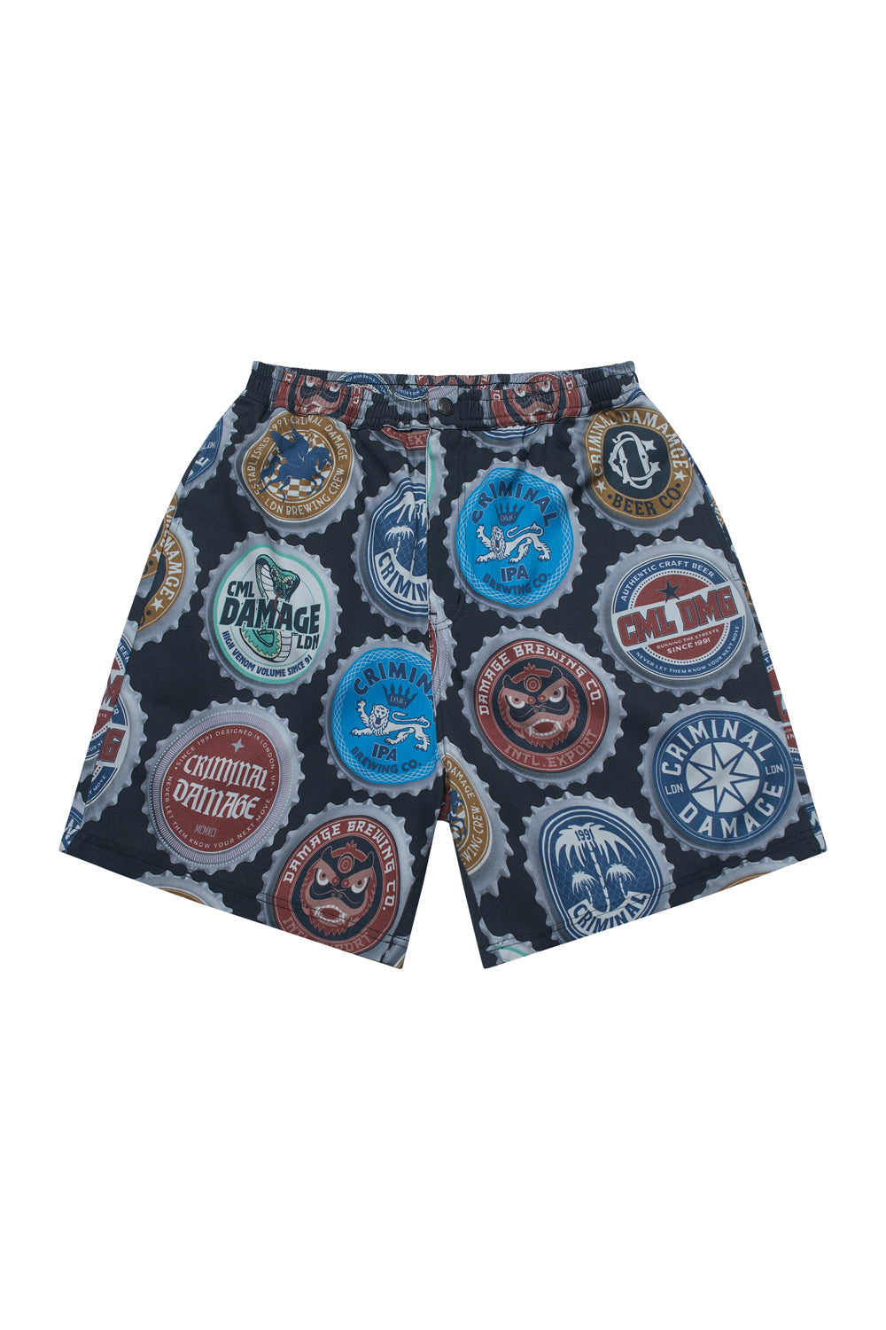 Criminal Damage shorts with bottle cap graphic design on white background 
