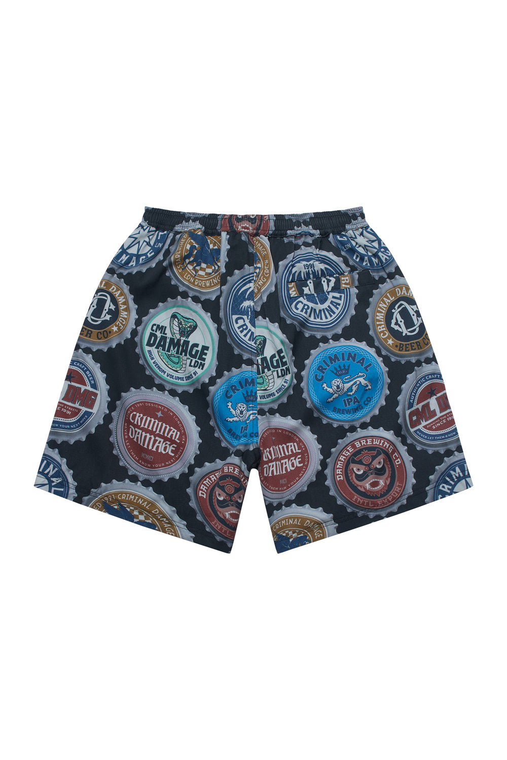 Criminal Damage shorts with bottle cap graphic print on white background