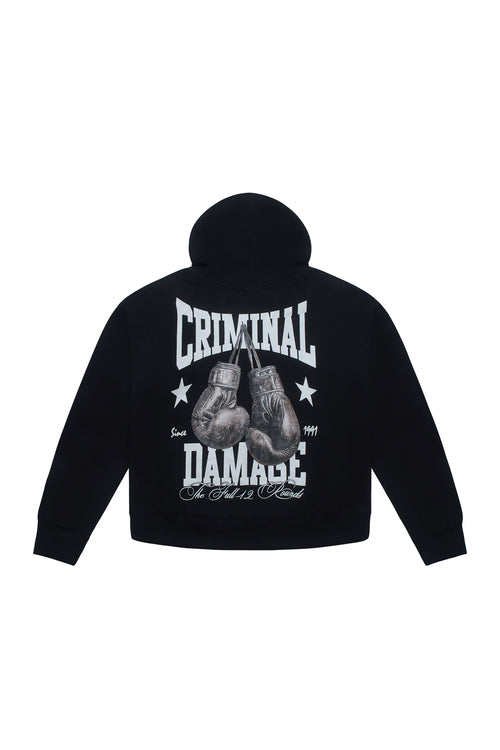 Criminal Damage hoodie with large graphic on white background 