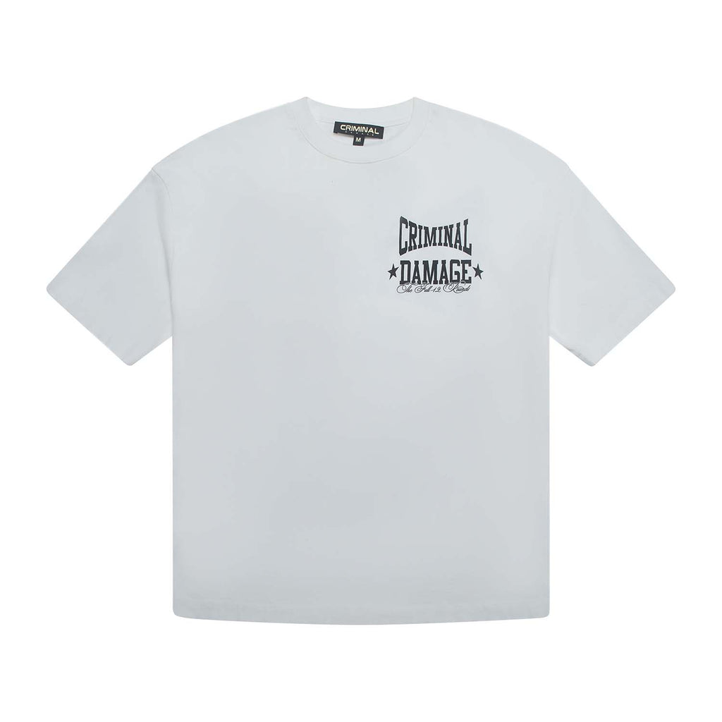 White t-shirt with 'Criminal Damage' logo on a white background