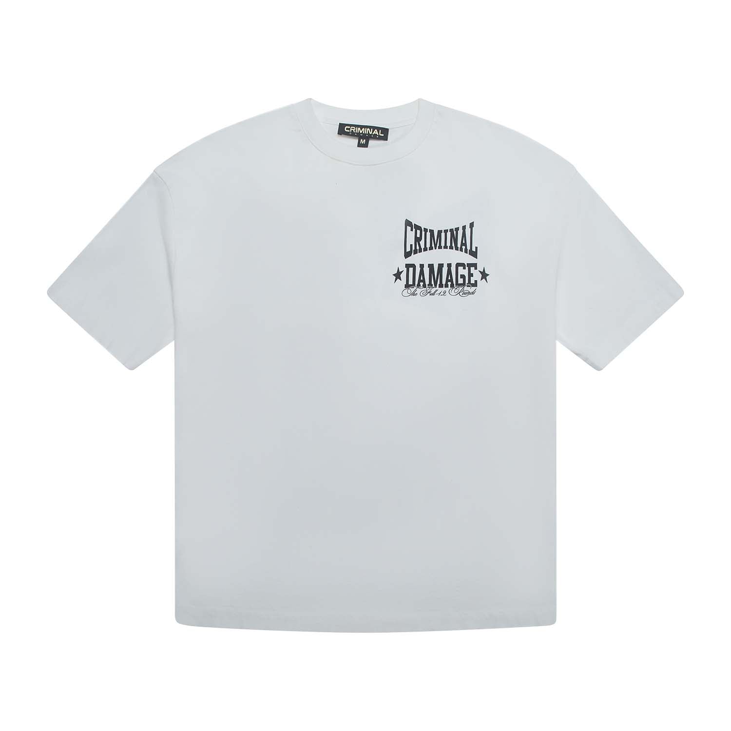 White t-shirt with 'Criminal Damage' logo on a white background