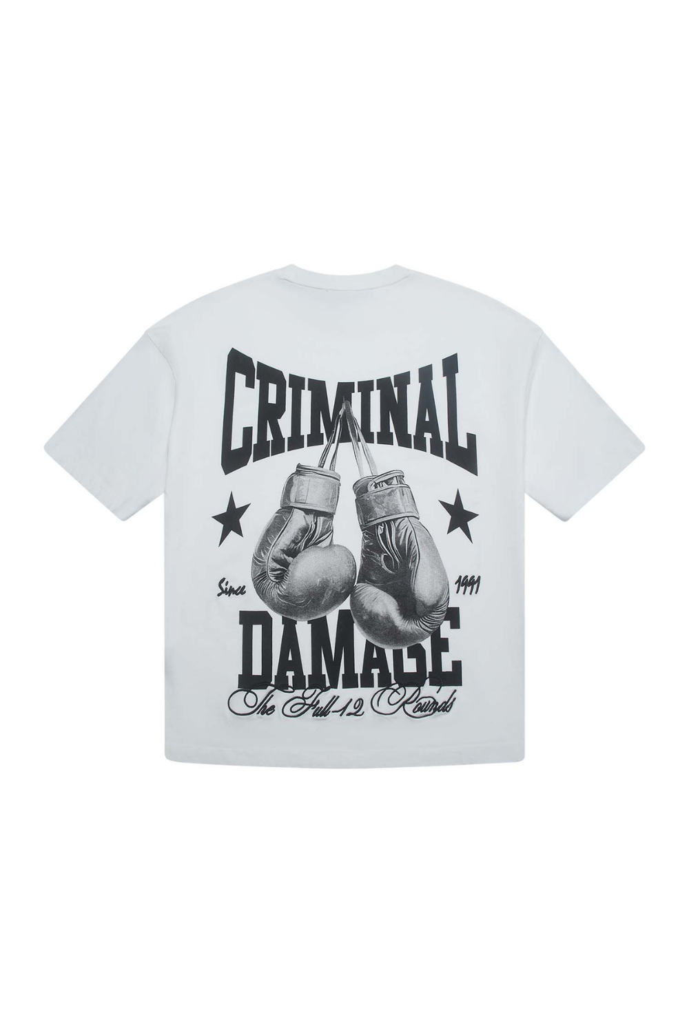 White Criminal Damage T-Shirt with Boxing gym logo