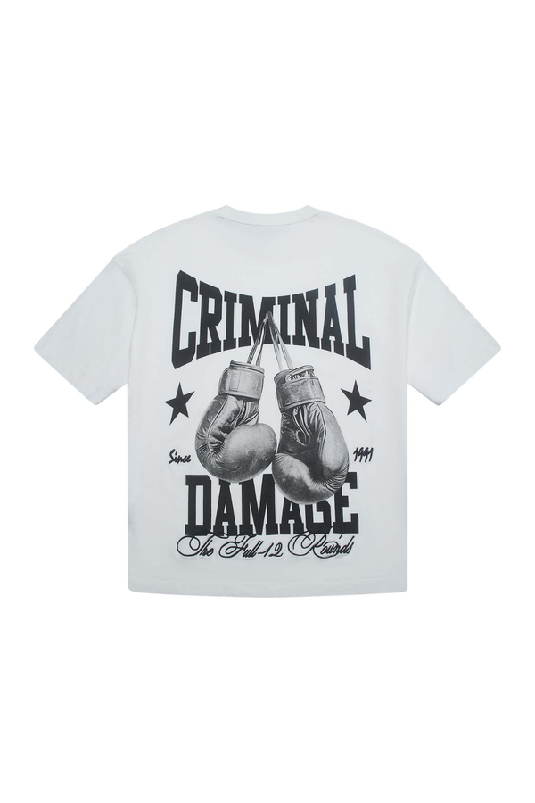 White Criminal Damage T-Shirt with Boxing gym logo