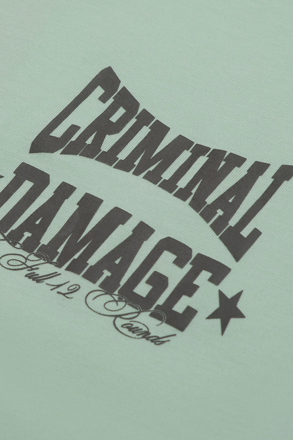 Text 'CRIMINAL DAMAGE' with a star on a light green t-shirt