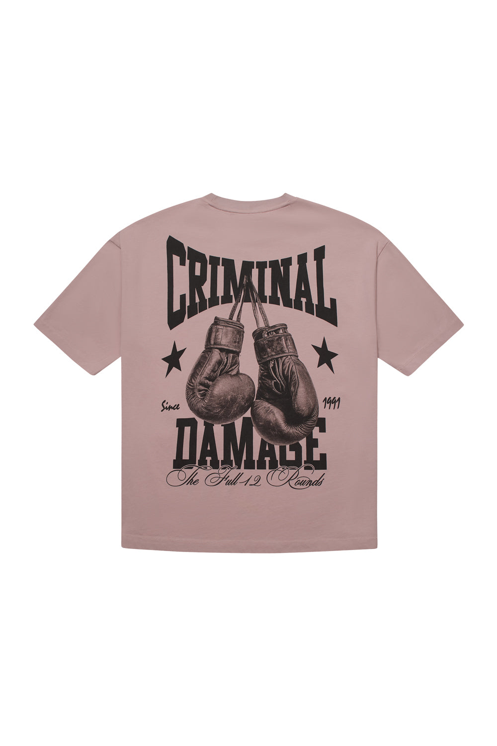 Criminal Damage graphic t-shirt on white background 