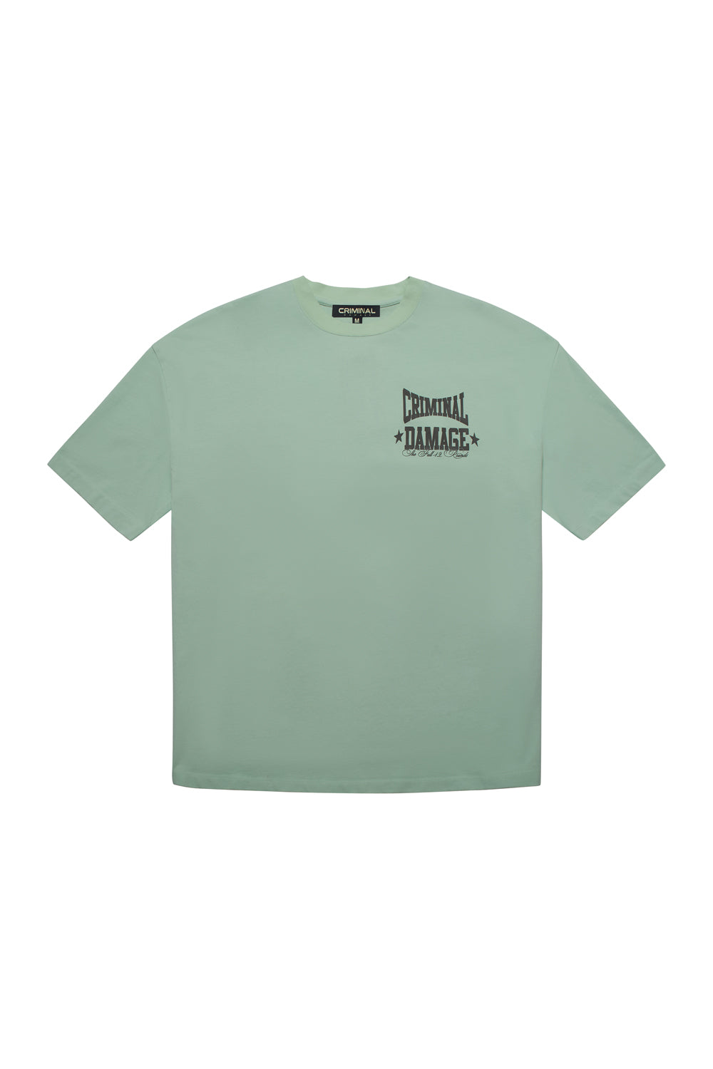 Light green Criminal Damage t-shirt with a logo on a white background