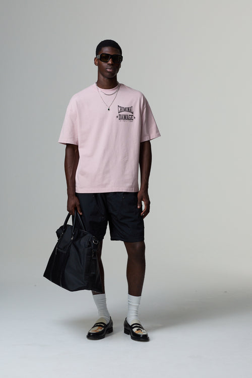 Model wearing Criminal Damage Lilac cotton boxing t-Shirt 