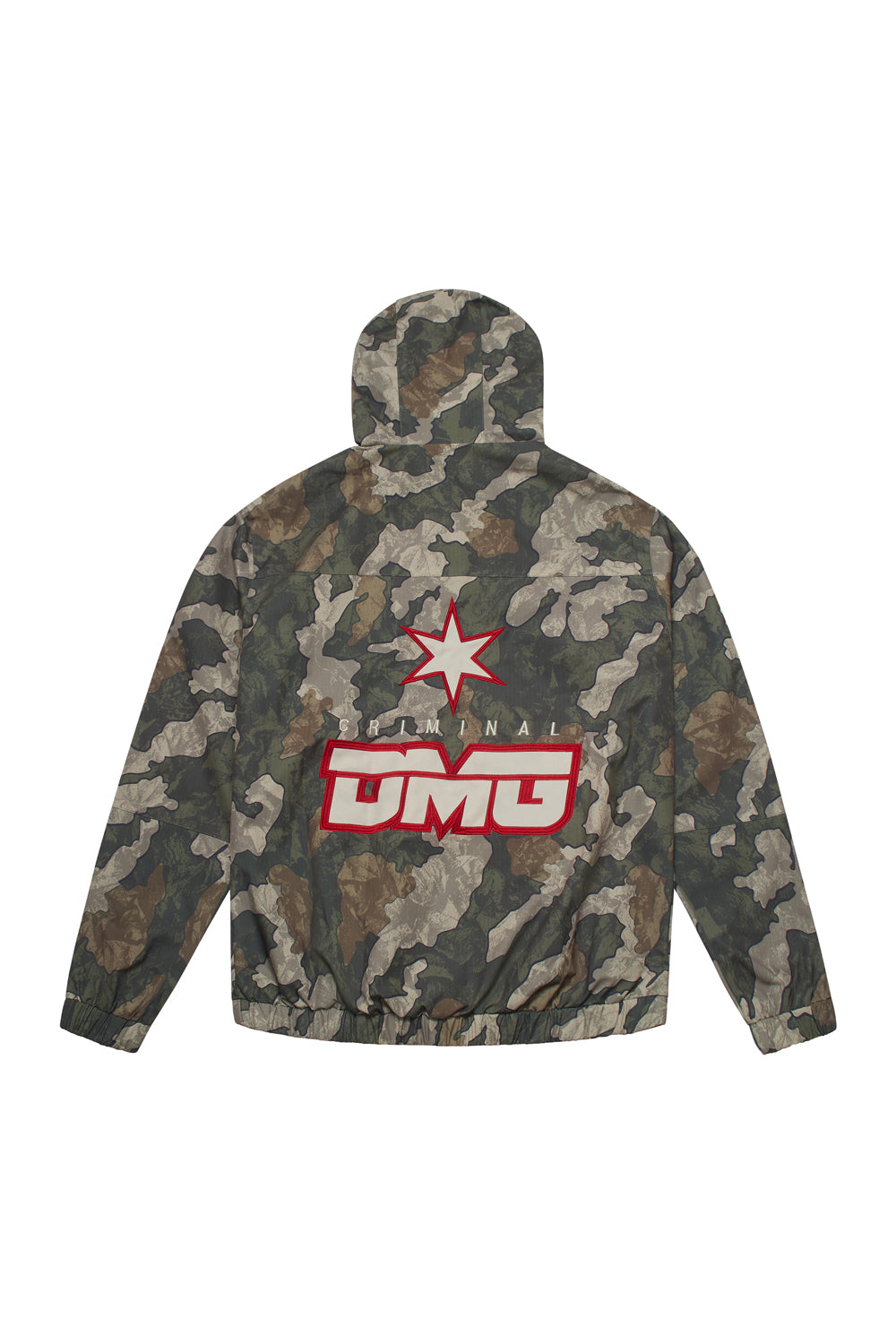 Criminal Damage camo jacket with large branding on white background