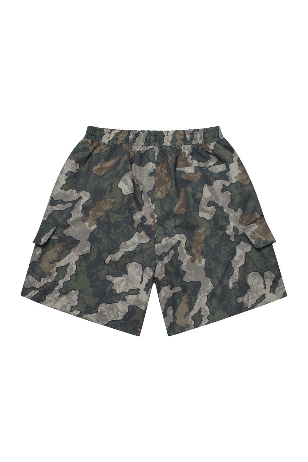 Criminal Damage camo shorts on white background