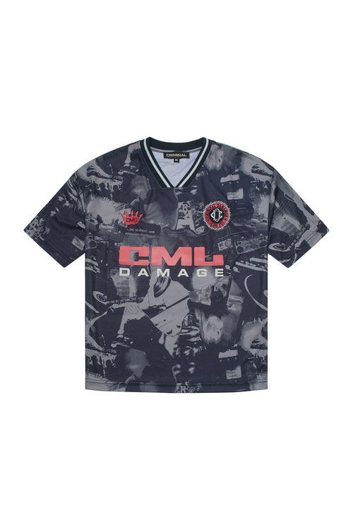 Criminal Damage football shirt with graphic and large branding on white background