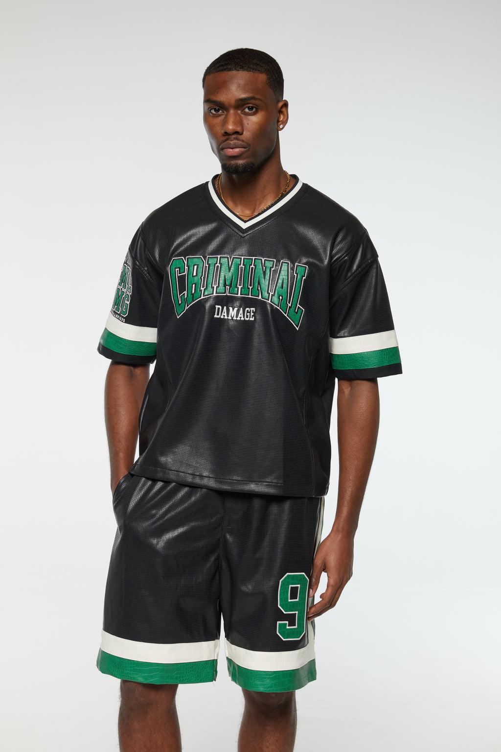 STADIUM LEATHER V NECK TOP
