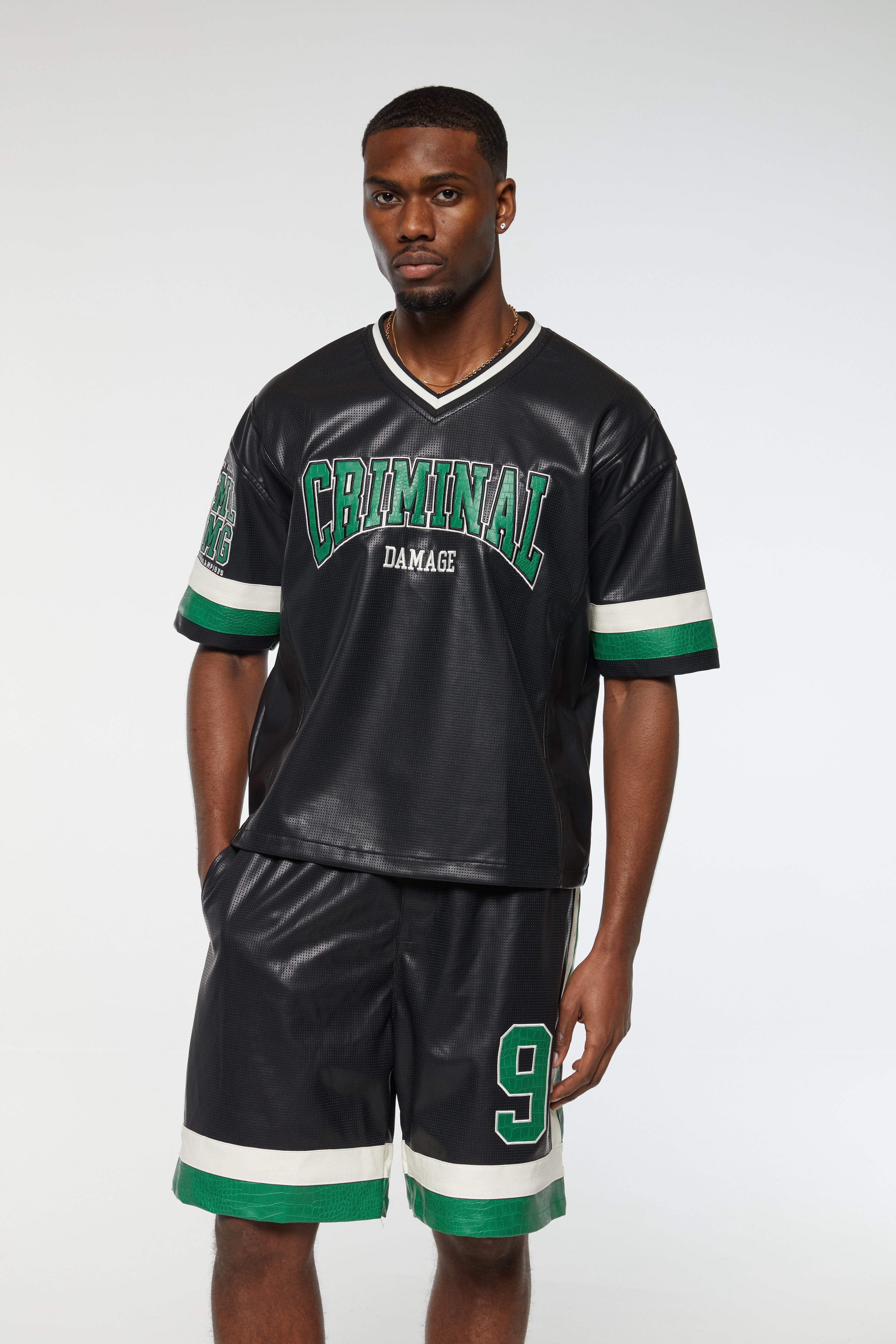 STADIUM LEATHER V NECK TOP