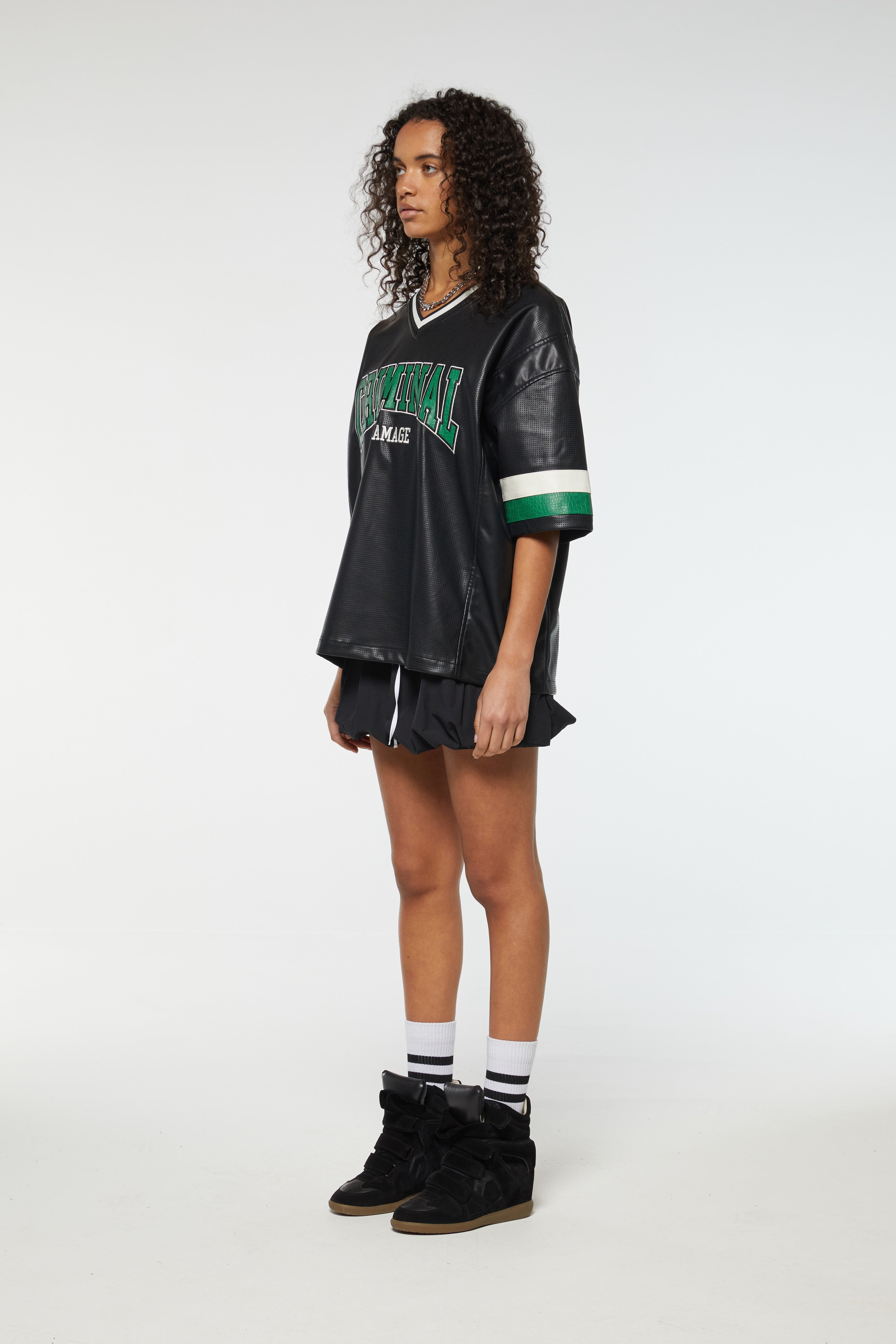 STADIUM LEATHER V NECK TOP