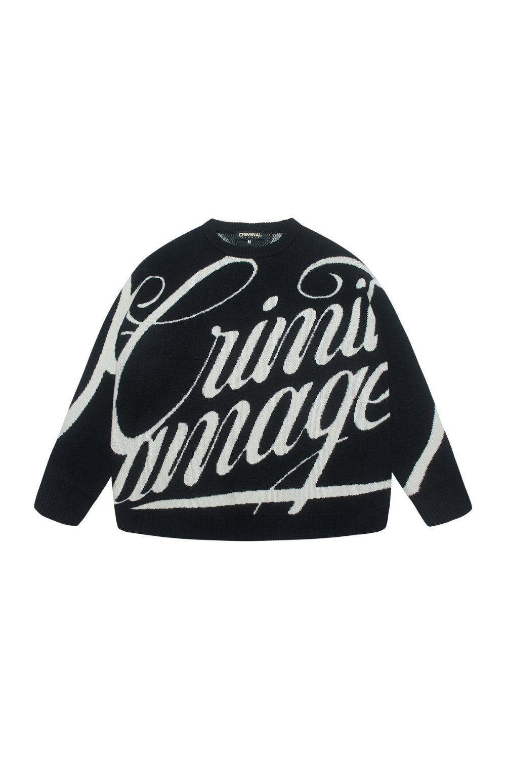 Black sweater with white text on a white background