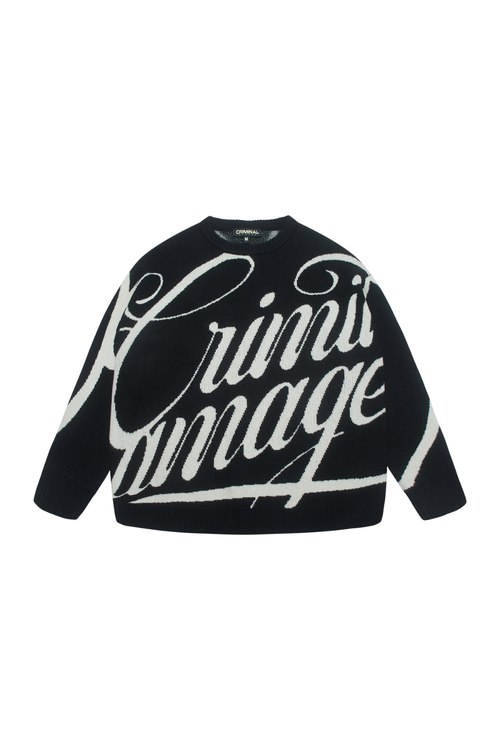 Black sweater with white text on a white background
