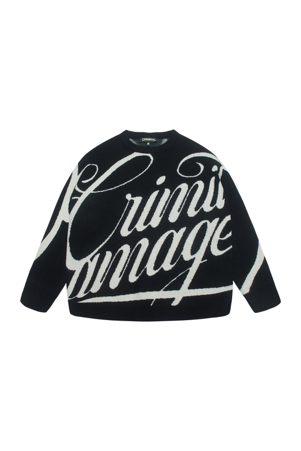 Black sweater with white text on a white background