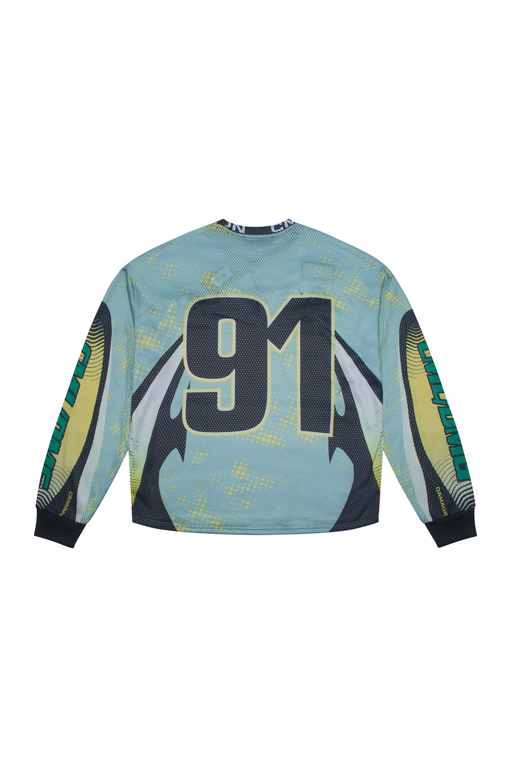 Back of Criminal Damage football jersey with '91' graphic on white background