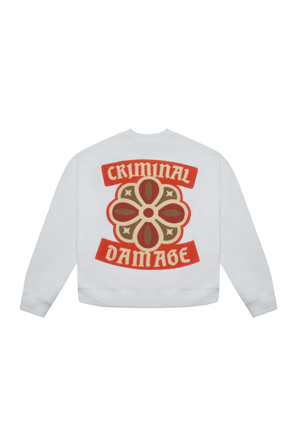 Criminal Damage crewneck with large graphic print on white background 