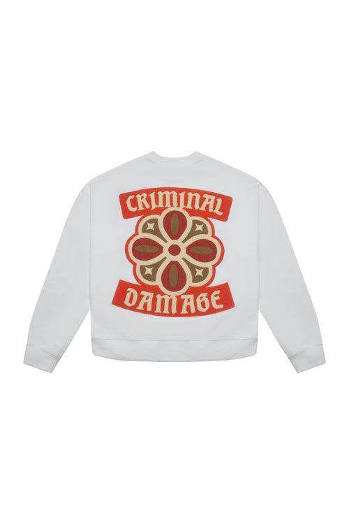 Criminal Damage crewneck with large graphic print on white background 