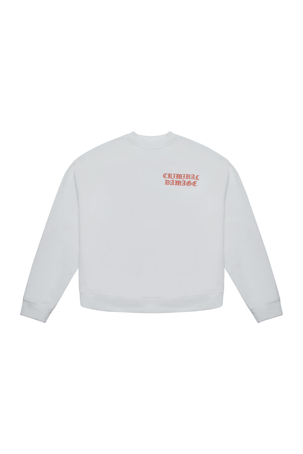 Criminal Damage crewneck with branding on white background