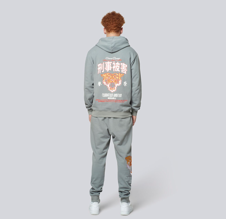 Model wearing a grey tracksuit with designs on the back against a light grey background