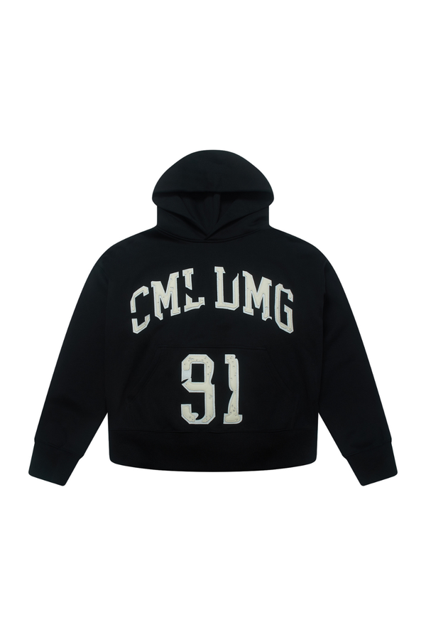 Black hoodie with Criminal Damage and number '91' on a white background