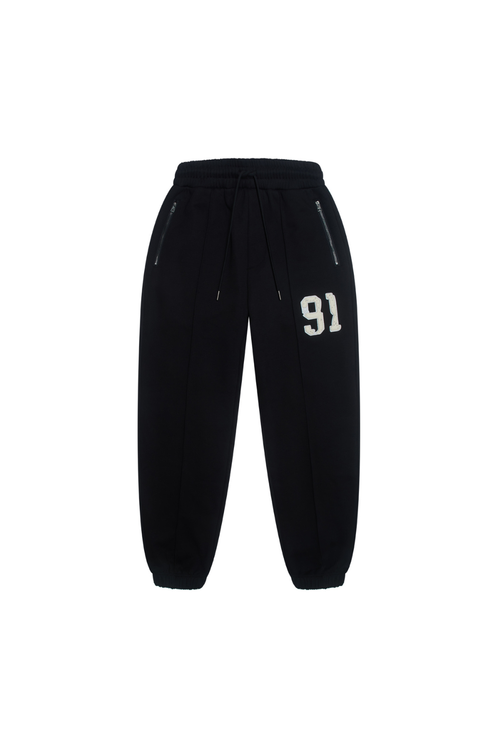 Black sweatpants with a number 91 on a white background