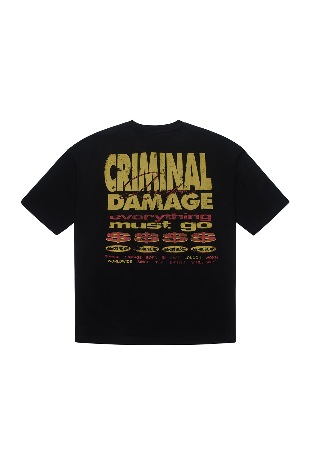 Criminal Damage t-shirt with large written graphic on white background