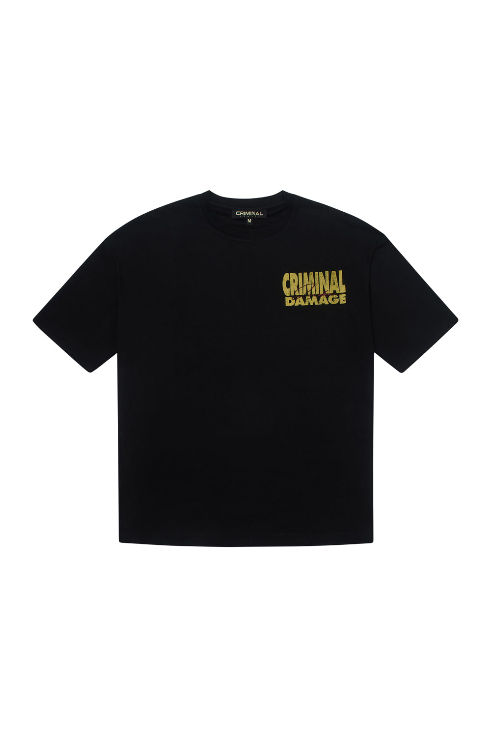 Criminal Damage t-shirt with branding written graphic on white background