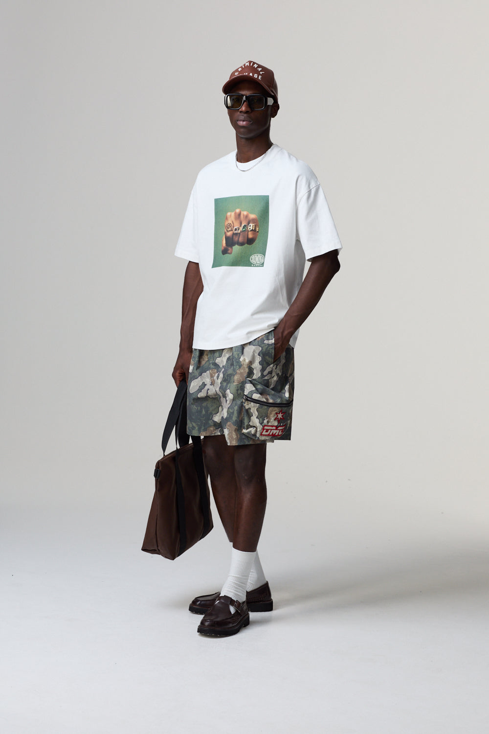 Person wearing a white t-shirt with a graphic design, camouflage shorts, and dark sunglasses on a light gray background