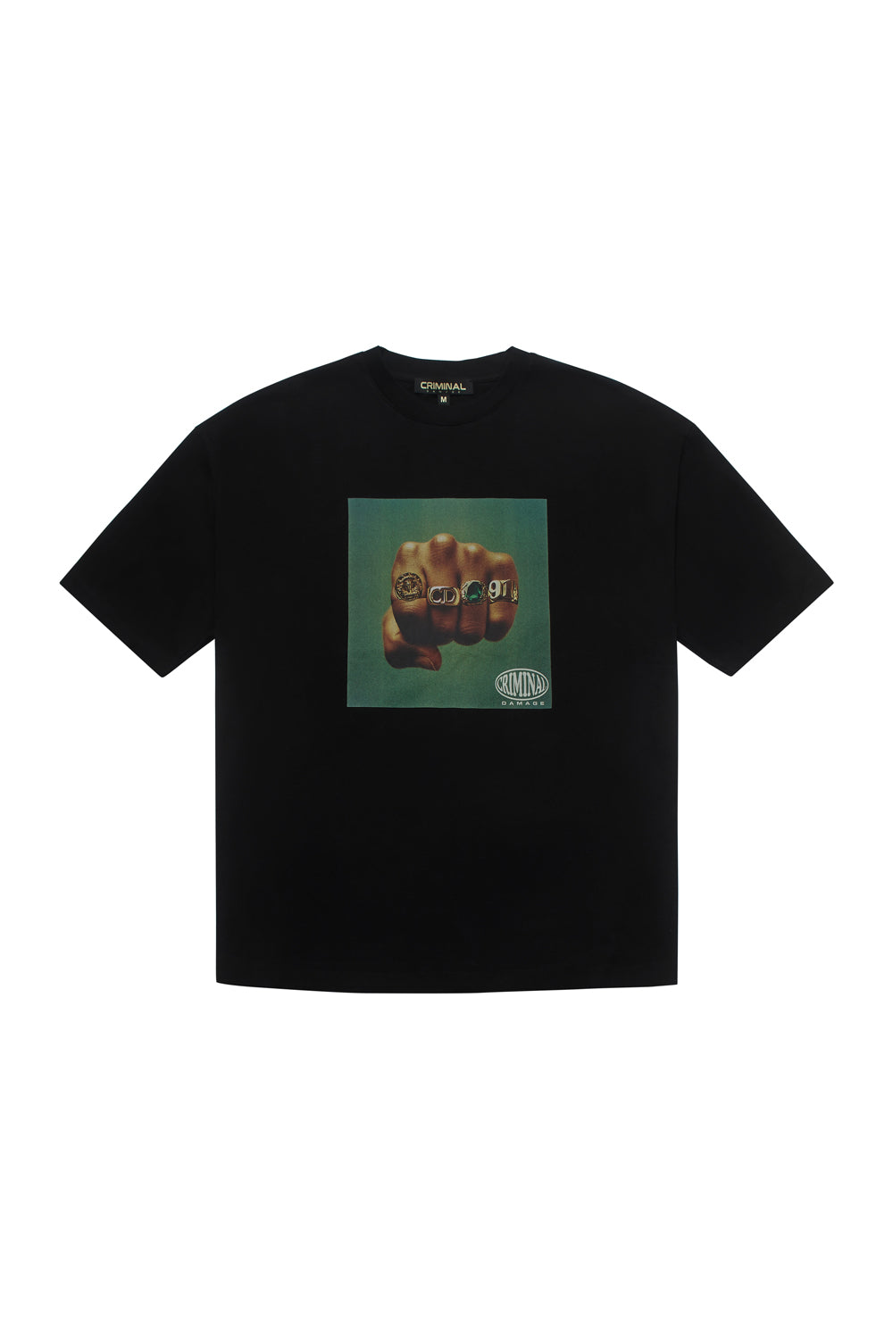 Criminal Damage t-shirt with hand graphic on white background 