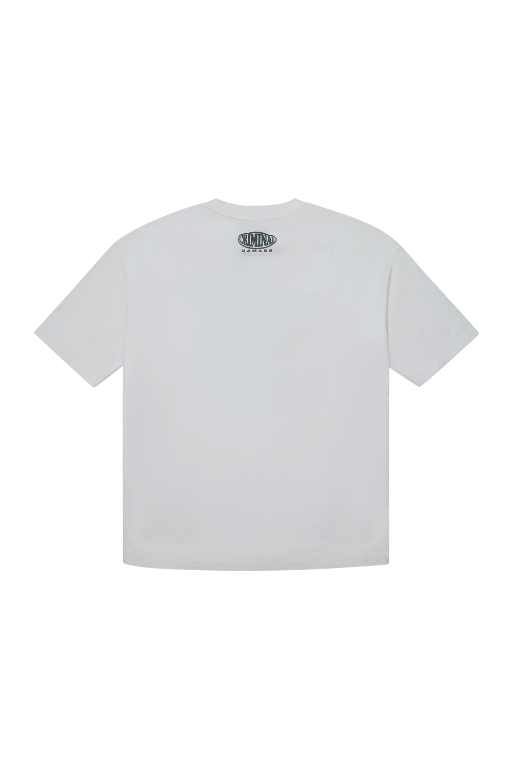 White Criminal Damage t-shirt with a logo on the back against a white background